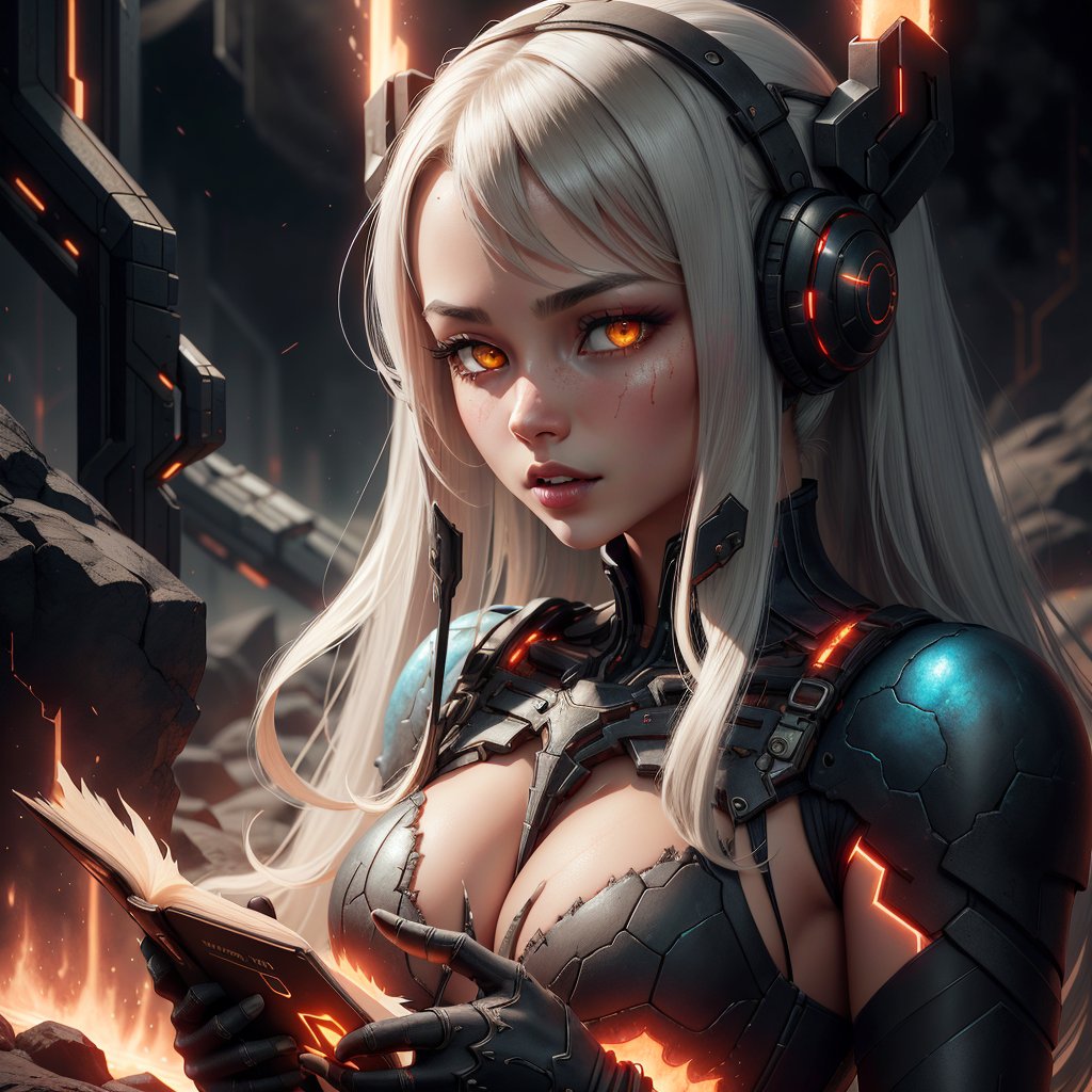 <lora:MagmaTech-20:0.8>,MagmaTech,lava,black steel,scifi, blazing,,scholar , scroll, 1girl,long hair, blue skin,white hair, glowing eyes,  yellow eyes, 