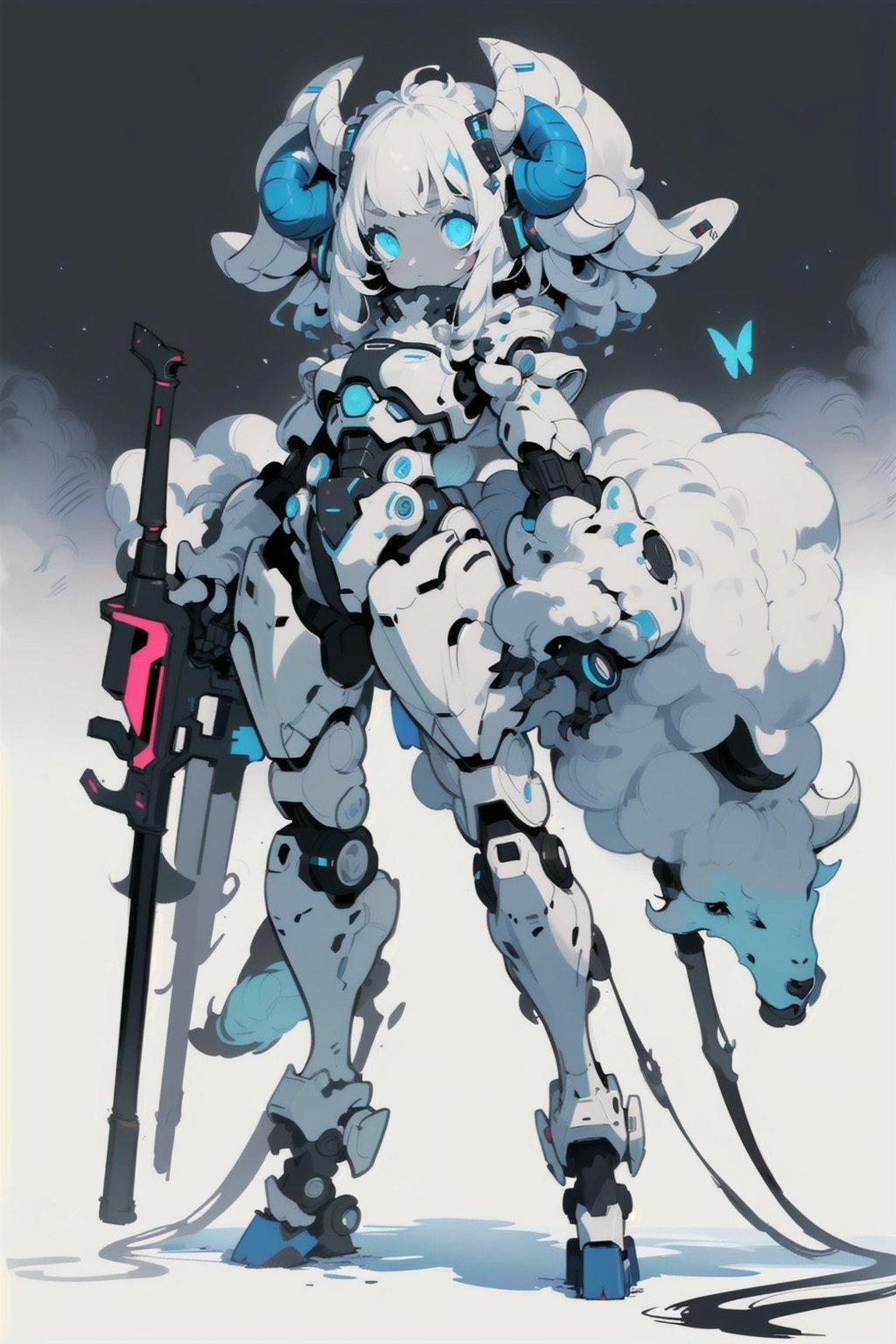 best quality,masterpiece,illustration,1girl,solo,full body,(sheep ear:1.2),(Mecha:1.5),machine,(sheephorn:1.1),(sheeptail:1.1),(downy:1.5),(Fluorescent color:1.7),(Blank background:1.2),Mechanical leg,Butterfly,Mechanical horn,child,Cute sheep ear,(Giant goat's horn:1.3),Mechanical body,Cool tone,(Colored line:1.2),weapon,