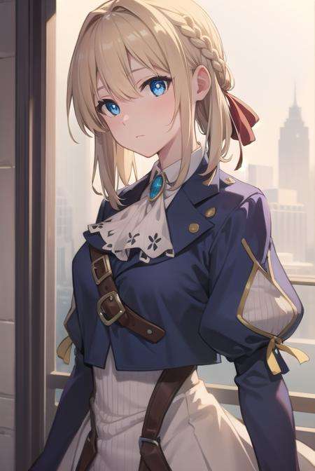 violetevergarden, <lora:violetevergardentest:1>,violet evergarden, blonde hair, blue eyes, hair ribbon, ribbon, short hair, braids, hair braids, red ribbon,BREAK blue jacket, brown gloves, cropped jacket, dress, gloves, green brooch, jacket, juliet sleeves, long sleeves, puffy sleeves, white dress,BREAK looking at viewer,BREAK outdoors, city,BREAK <lora:GoodHands-vanilla:1>, (masterpiece:1.2), best quality, high resolution, unity 8k wallpaper, (illustration:0.8), (beautiful detailed eyes:1.6), extremely detailed face, perfect lighting, extremely detailed CG, (perfect hands, perfect anatomy),