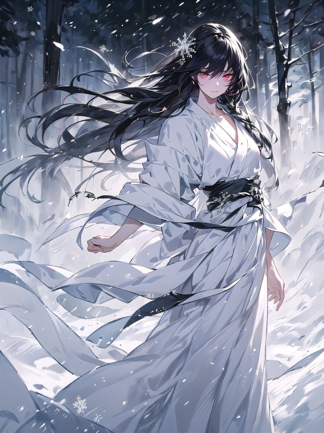 High quality, realistic, dark background, high-resolution, soft focus, (snowflake: 1.5), 1 girl, (mist: 1.5) (deep in the forest), (snowflake falling), (snowlight), (blizzard), (snowstorm), (ghost of a beautiful snowwoman, black long hair, white and silver bathrobes), anger, anger, melancholy, trembling black hair, shiny hair, glowing skin, beautiful and beautiful, charming, Chaos, Depth of Field, (Ghost: 1.5), (Lost in Anger, Forgetting Cold), (Arms Stretching Forward), (Monochrome: 1.5), (Black and White: 1.5)