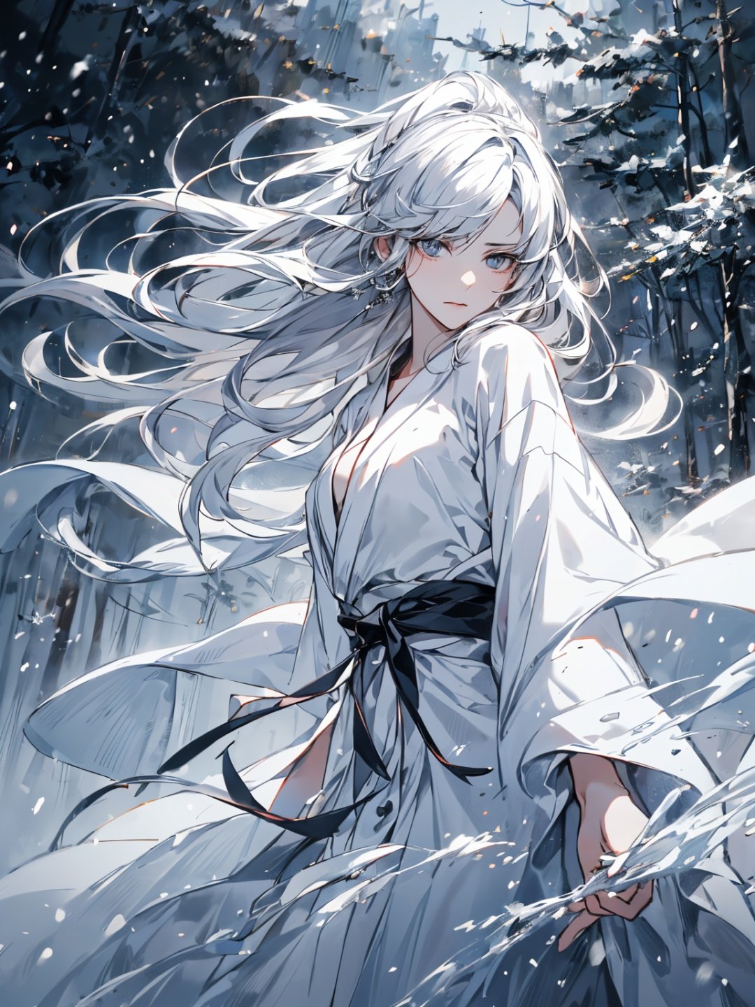 High quality, realistic, dark background, high-resolution, soft focus, (snowflake: 1.5), 1 girl, (mist: 1.5) (deep in the forest), (snowflake falling), (snowlight), (blizzard), (snowstorm), (ghost of a beautiful snowwoman, black long hair, white and silver bathrobes), anger, anger, melancholy, trembling black hair, shiny hair, glowing skin, beautiful and beautiful, charming, Chaos, Depth of Field, (Ghost: 1.5), (Lost in Anger, Forgetting Cold), (Arms Stretching Forward), (Monochrome: 1.5), (Black and White: 1.5)