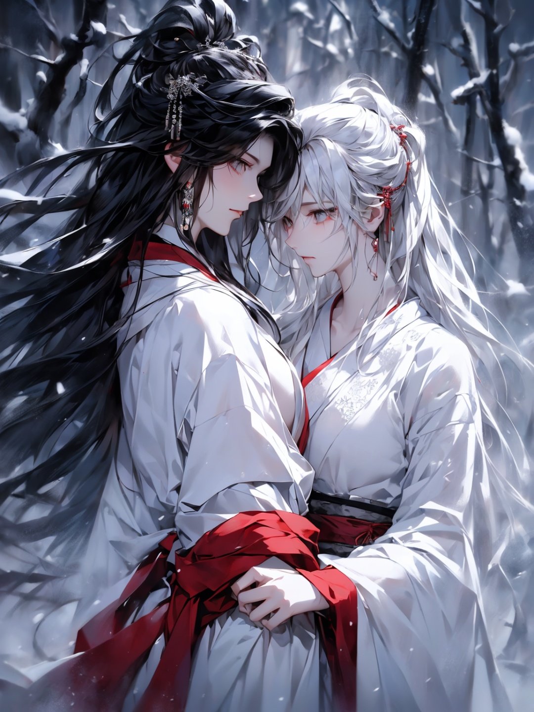 Top Quality, Realistic, Jet Black Background, High Resolution, Soft Focus, (Snowfall: 1.5), (Haze: 1.5), (In the Deep Forest), (Snowfalling), ((Snow Light)), (Snow Storm)), (Snow Storm)))), (Ghost of a beautiful snow woman with jet-black long black hair in a white and silver yukata), Anger, Fury, Melancholy, Shaking black hair, Hair luster, Glowing skin, Beautiful and beautiful, Bewitching, Chaos, Depth of Field, (Ghost: 1.5), ((Lose yourself in anger and forget the cold)), ((Arms spread forward)), (Monochrome: 1.5), (Black and white: 1.5), (Platinum eyes glaring at you), (Gradually becoming transparent towards the lower body: 1.5)