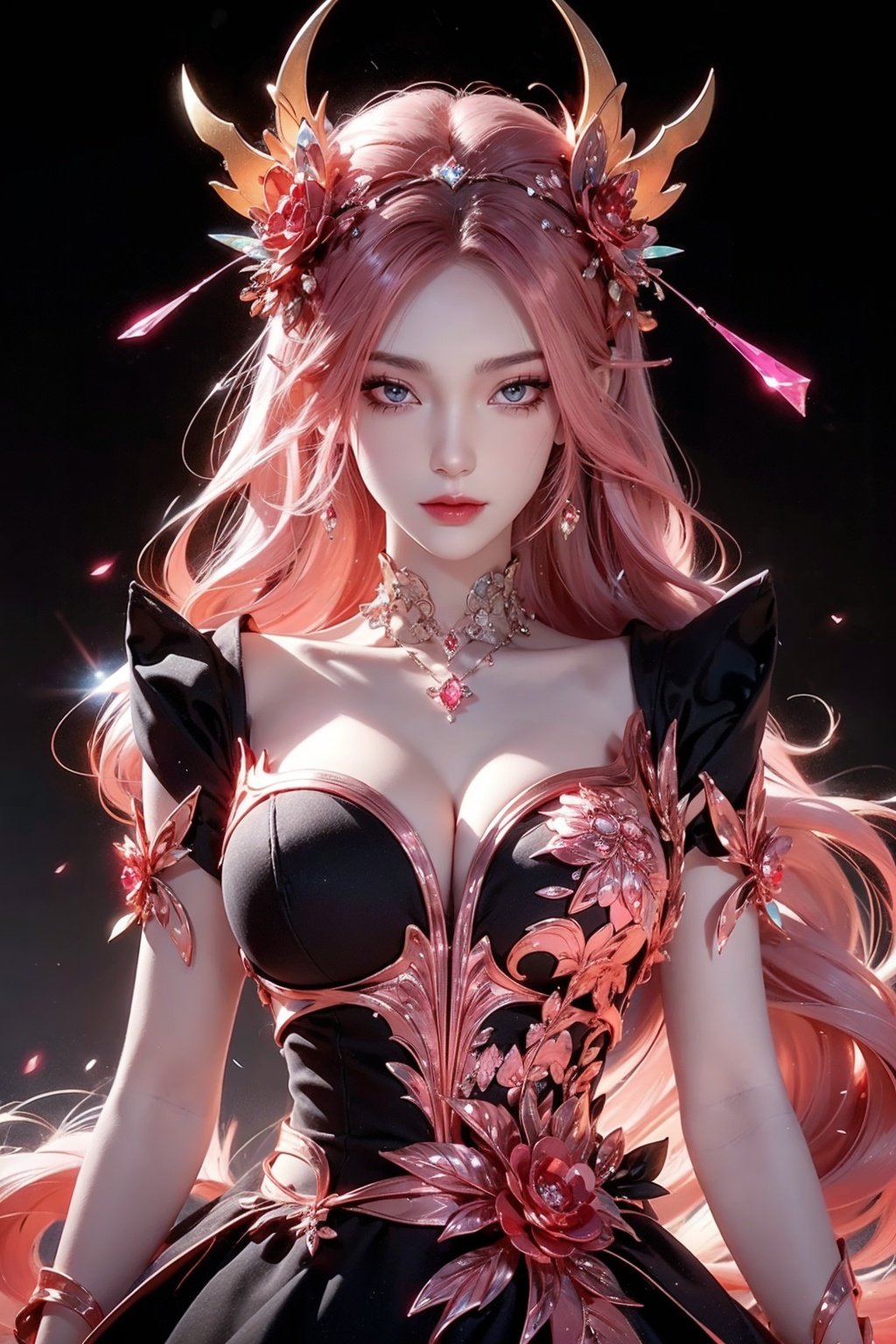 (aerial view,view of city),1girl flying in air,beautiful cute crystal girl in 26 years old, wearing crystal wear, the crystal is evil, black and pink and red glowing crystal, crystal pink hair, the power is every wear, she is evil but cute, the crystal is evil and glowing black and pink and red colors, detailed evil eyes,she has a serious expression and her lips are closed glowing crystal wear, (incredible details, cinematic ultra wide angle, depth of failed, hyper detailed, insane details, hyper realistic, high resolution, cinematic lighting, soft lighting, incredible quality, dynamic shot,,Hair with scenery,baiyueguangya,huliya