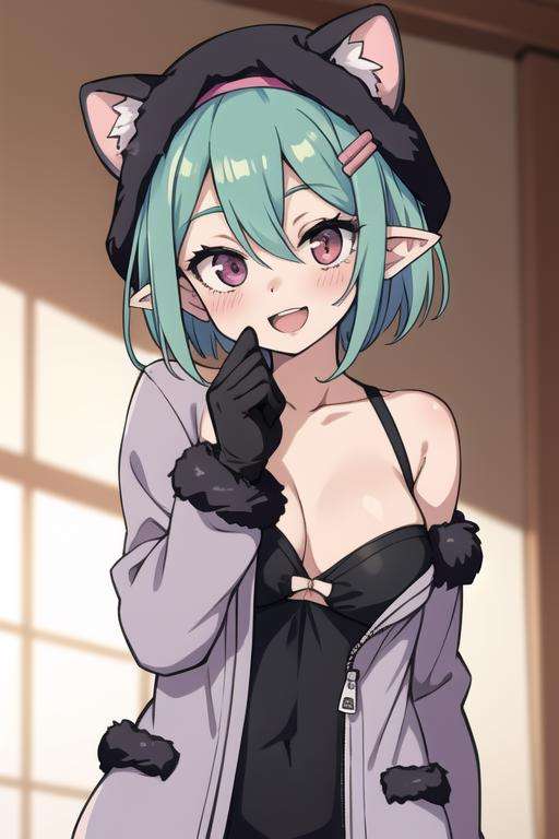 mayoi shigure, 1girl, breasts, looking at viewer, blush, smile, short hair, open mouth, bangs, hair ornament, animal ears, hair between eyes, medium breasts, purple eyes, hairclip, pink eyes, crossed bangs, light green hair, weasel ears, gloves, fur trim, gray jacket, gray headwear, animal tail