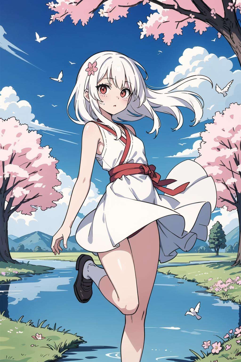 (Highest picture quality), (Master's work),(Detailed eyes description),(Detailed face description),1girl,red eyes,white hair,(very long hair),very long hair (floating in the wind),hair ornament,white dress,small breast,bare legs,white socks,leather shoes,arms and hands behind back,blush,fluttering grass,(spring,sakura blossoms),petals,(lens flare),altocumulus,dazzling light,cool breeze,(shade) of [a sakura tree],meadow,(the grass is growing and the birds are flying),(lake,surface reflection)