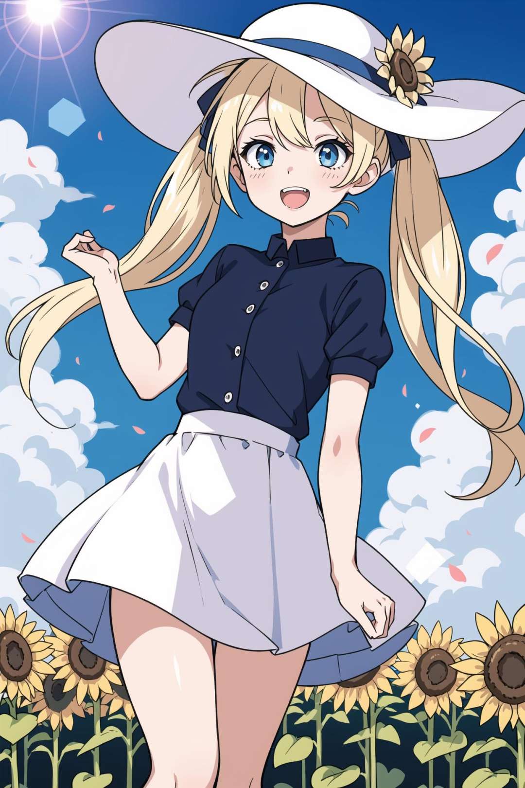 cute little girl,,solo,wind,pale-blonde hair, blue eyes,very long twintails,white hat,blue sky,laugh,double tooth,,lens flare,dramatic, coastal,flying petal, flowery field, sky, sun,field, sunflower, masterpiece, best quality,