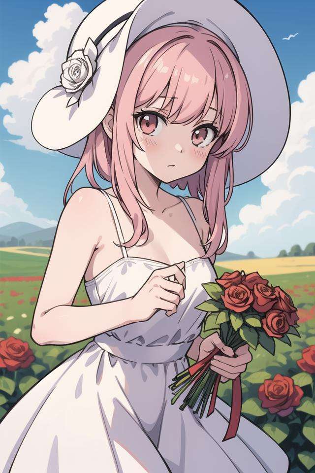 (masterpiece, best quality), 1girl, flower, solo, dress, holding, sky, cloud, hat, outdoors, bangs, bouquet, rose, expressionless, blush, pink hair, flower field, red flower, pink eyes, white dress, looking at viewer, midium hair, holding flower, small breasts, red rose, holding bouquet, sun hat, white headwear, depth of field,