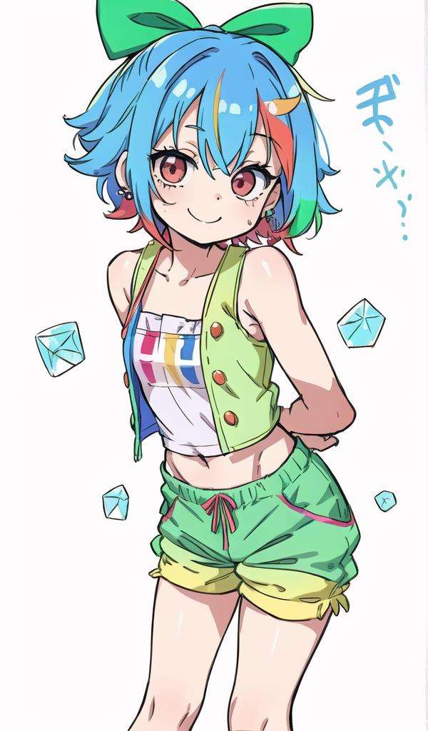 A cute girl ,(petite,chibi:1.2),(Rainbow colored hair, colorful hair), (messy, messy), crystal earrings, white vest, green shorts, ((arms behind back)), ((Leaning forward to the left)),Big bow decoration, red hand rope, with a happy smile, a playful smile, a carefree look, leg rings, brown socks, blue sneakers