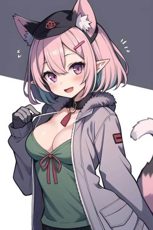 mayoi shigure, 1girl, breasts, looking at viewer, blush, smile, short hair, open mouth, bangs, hair ornament, animal ears, hair between eyes, medium breasts, purple eyes, hairclip, pink eyes, crossed bangs, light green hair, weasel ears, gloves, fur trim, gray jacket, gray headwear, animal tail