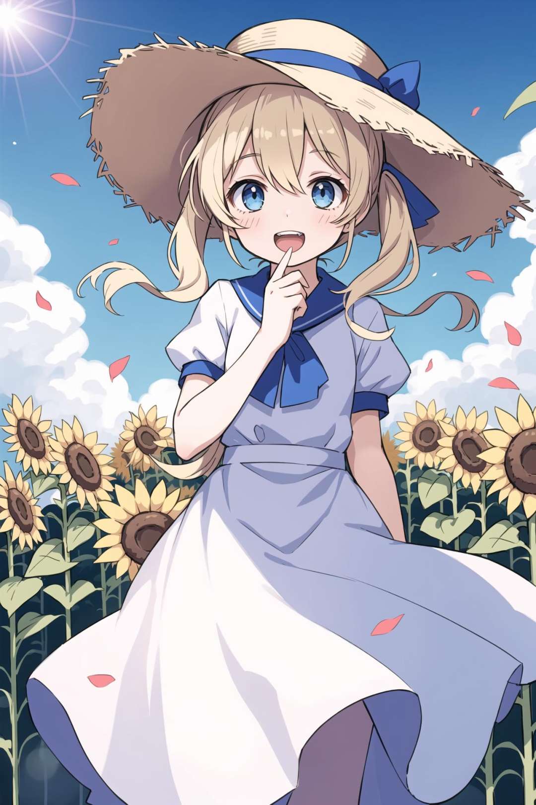 cute little girl,,solo,wind,pale-blonde hair, blue eyes,very long twintails,white hat,blue sky,laugh,double tooth,,lens flare,dramatic, coastal,flying petal, flowery field, sky, sun,field, sunflower, masterpiece, best quality,