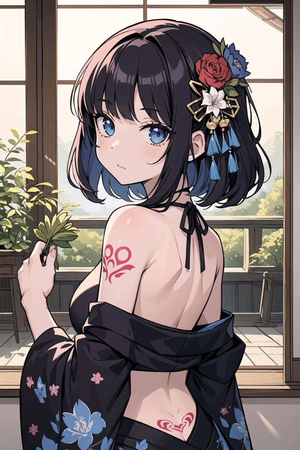 (masterpiece, top quality, best quality, official art, beautiful and aesthetic:1.2),1girl, tattoo, solo, japanese clothes,  hair ornament, unsheathing, black hair, sheath, back tattoo, blue eyes,  off shoulder, bare shoulders, looking back, from behind, flower, looking at viewer,  holding, makeup,indoor,<lora:tattoo_lora01:0.8>