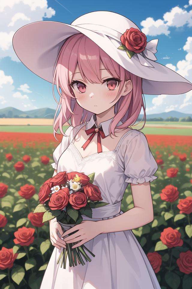 (masterpiece, best quality), 1girl, flower, solo, dress, holding, sky, cloud, hat, outdoors, bangs, bouquet, rose, expressionless, blush, pink hair, flower field, red flower, pink eyes, white dress, looking at viewer, midium hair, holding flower, small breasts, red rose, holding bouquet, sun hat, white headwear, depth of field,