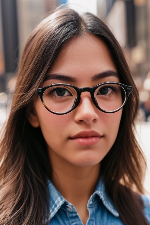 closeup shot of model wearing eyewear at New York,photorealistic