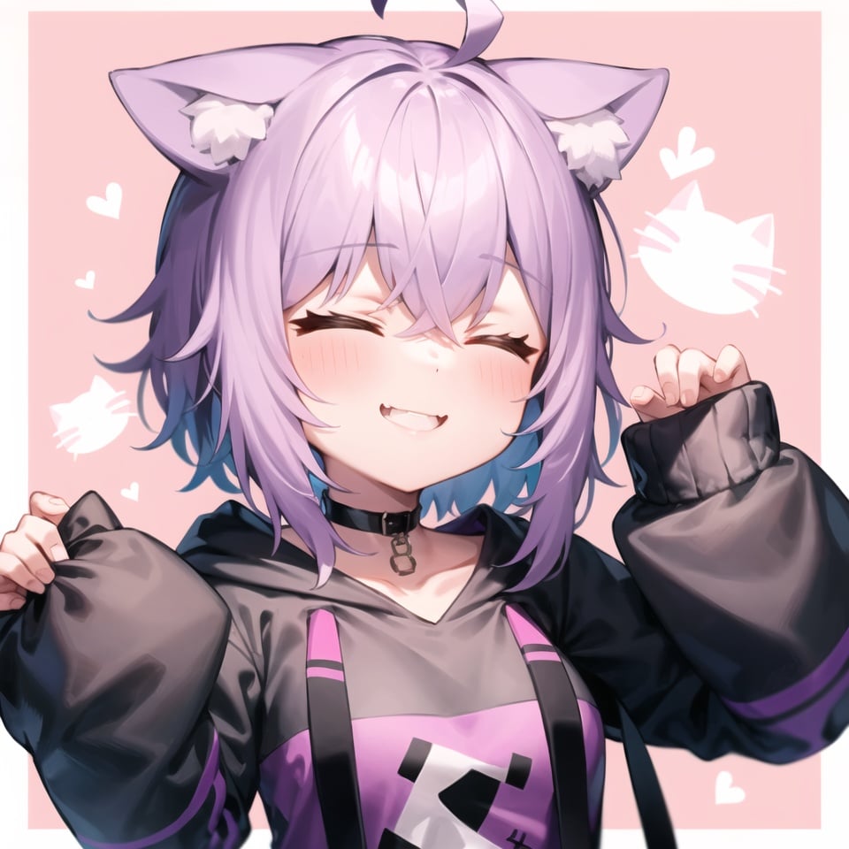 portrait, smile, cat ears, fangs, closed_eyes, pink_background, nekomata_okayu, black_chocker, hoodie, ahoge, sleeves_past_wrists, chibi