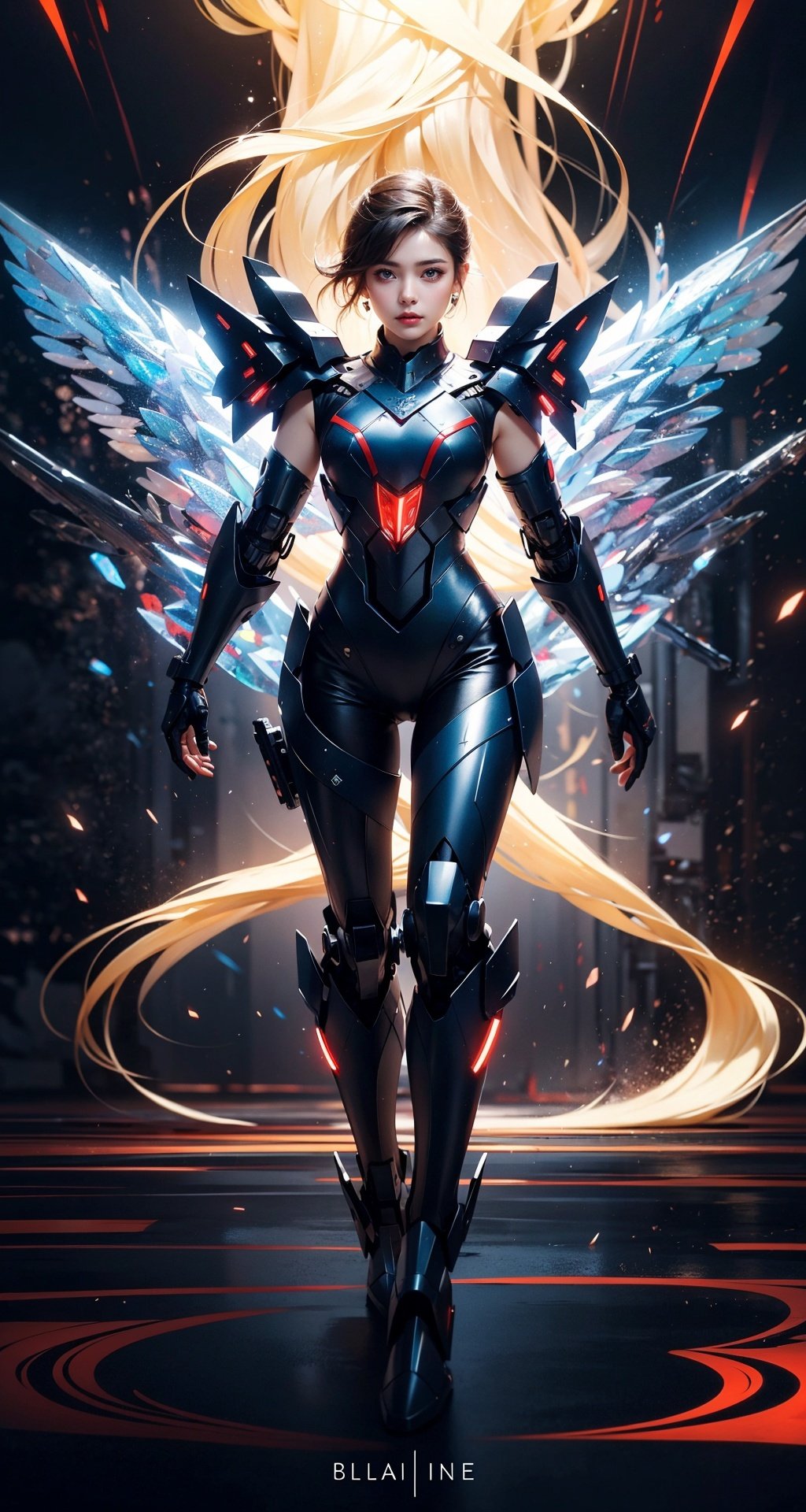 masterpiece,best quality,official art,highly realistic,1girl,full body mecha,folding fan,glass folding fan,delicate and lovely face,blue and red and white mecha,(glassy translucence:1.3),graceful poses,blink-and-you-miss-it detail,Sci-fi light effects,(Illuminated circuit board),,armor,flying hair,
