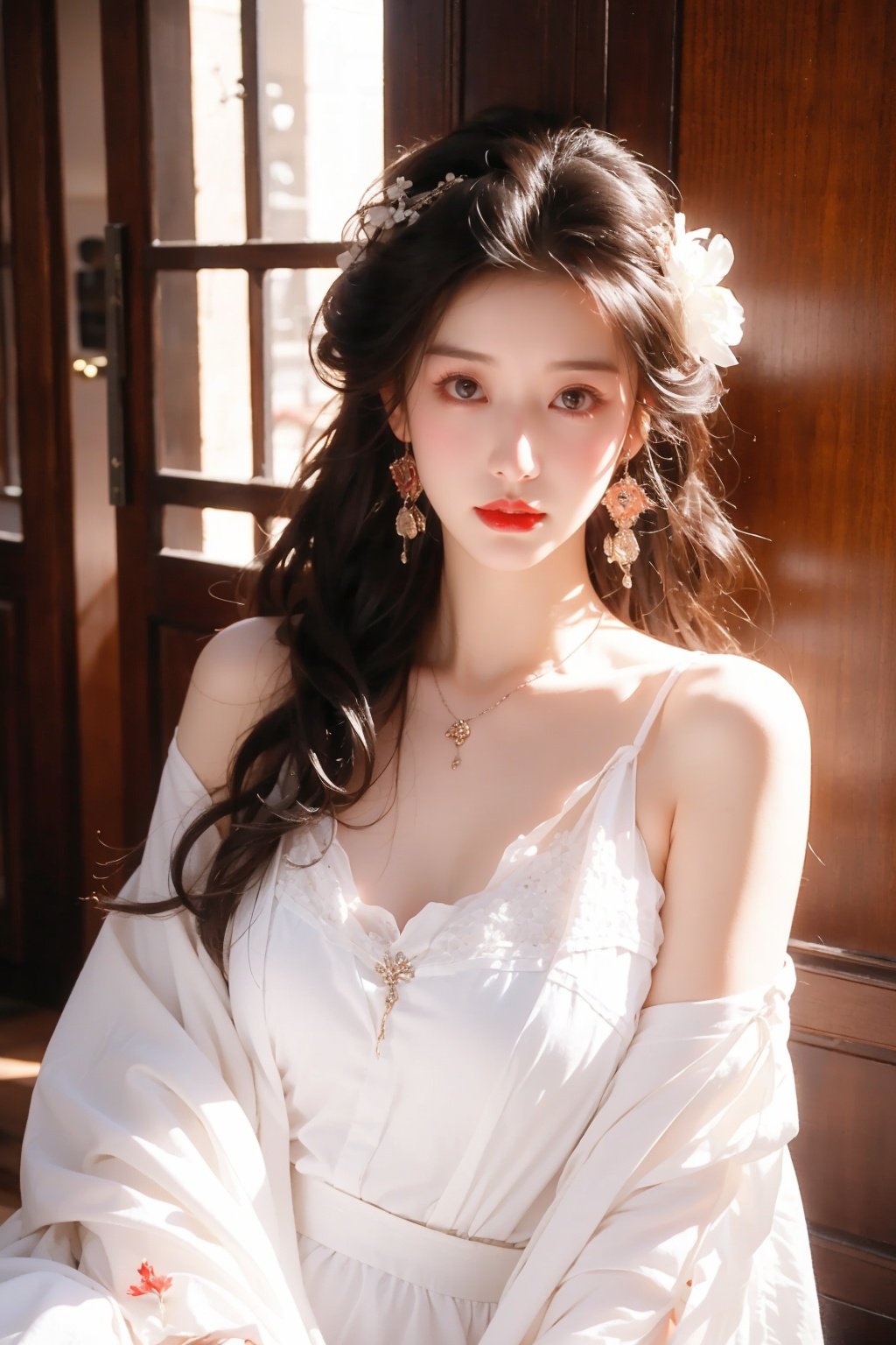  1 girl, jewelry, solo, earrings, long hair, forehead markings, black hair, necklace, bare shoulders, flowers, red lips, hair flowers, upper body, skirt, off shoulder, facial markings, head down, makeup, lips, candles, collarbones, long sleeves, tears streaming down, crying, Tyndall effect, 8k, large aperture, masterpiece of the century, sit, maple leaf, doorway, corridor, Sun on face,