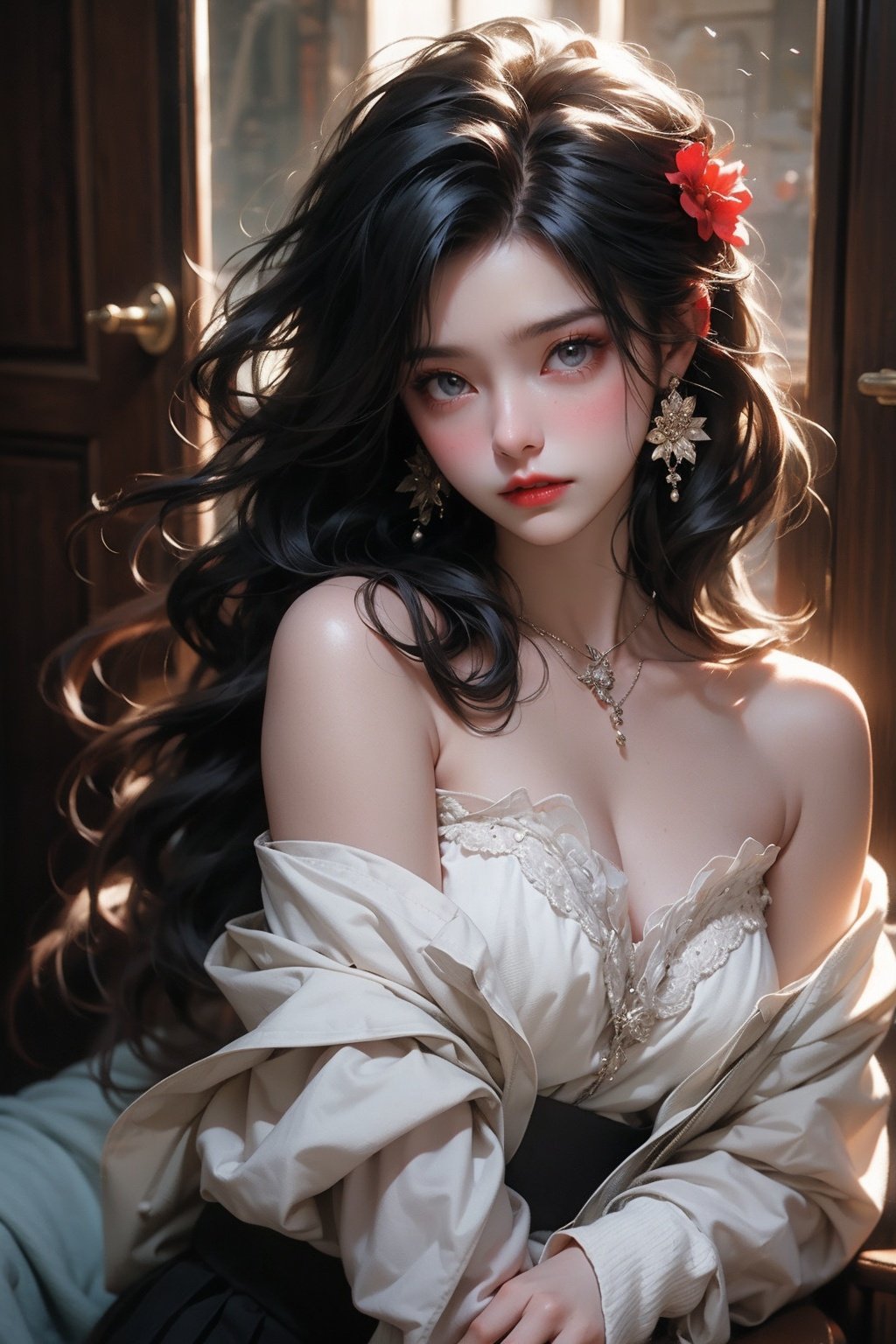 1 girl, jewelry, solo, earrings, long hair, forehead markings, black hair, necklace, bare shoulders, flowers, red lips, hair flowers, upper body, skirt, off shoulder, facial markings, head down, makeup, lips, candles, collarbones, long sleeves, tears streaming down, crying, Tyndall effect, 8k, large aperture, masterpiece of the century, sit, maple leaf, doorway, corridor, Sun on face,