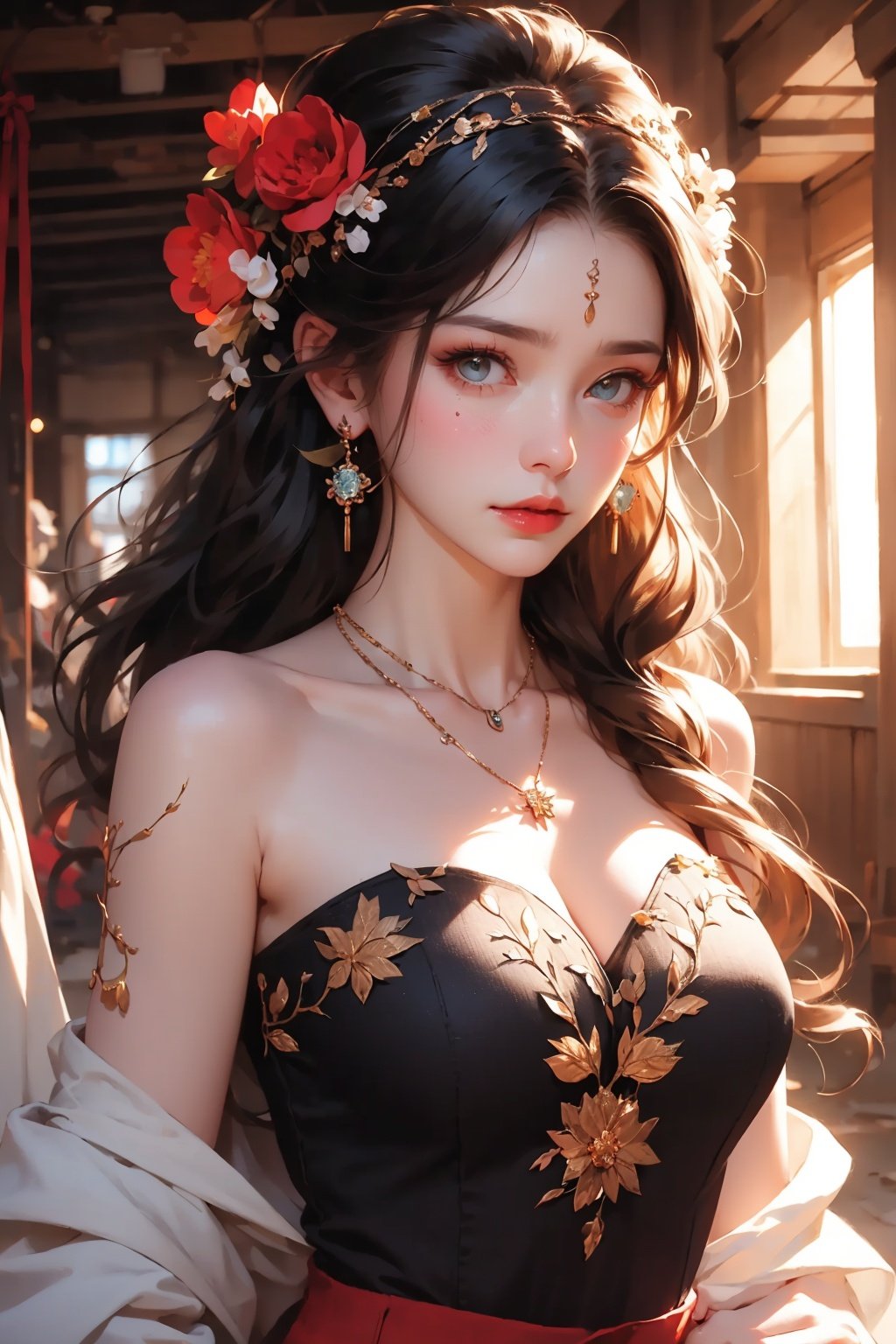  1 girl, jewelry, solo, earrings, long hair, forehead markings, black hair, necklace, bare shoulders, flowers, red lips, hair flowers, upper body, skirt, off shoulder, facial markings, head down, makeup, lips, candles, collarbones, long sleeves, tears streaming down, crying, Tyndall effect, 8k, large aperture, masterpiece of the century, sit, maple leaf, doorway, corridor, Sun on face,