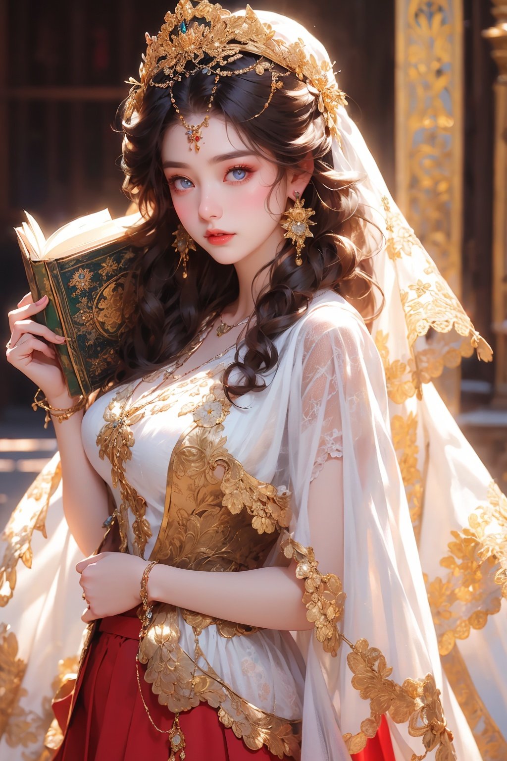 Girl, red skirt, white shawl, antique style earrings, golden puppets, holding ancient books, 8K, eyebrow stickers, RAW, best quality, masterpiece, super high resolution, best quality, beautiful cold light, contour light, hair light, focus eyes,
