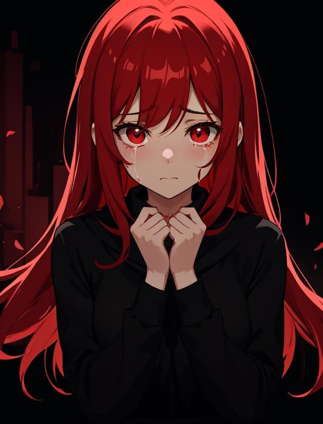 art of a redhead crying girl,  made of ([black and red]:1.4) colors, amoled