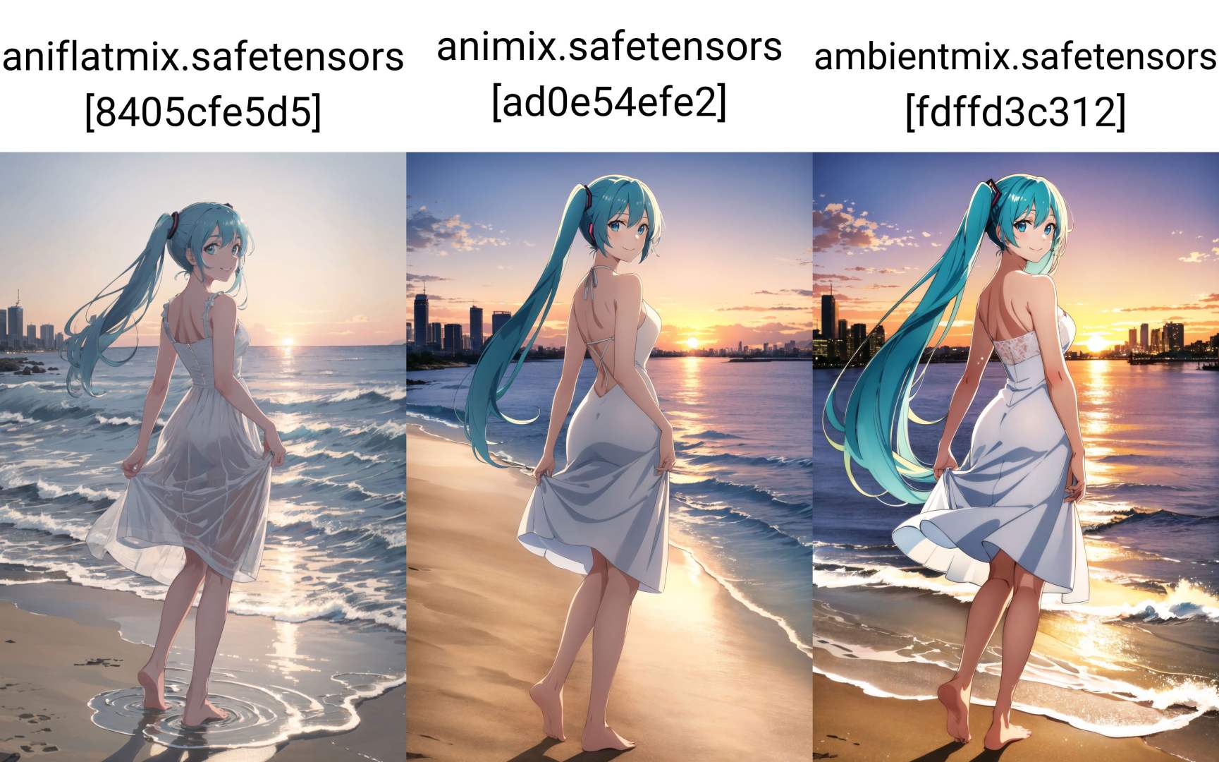 masterpiece, best quality, 1girl, best quality, ultra high res, 1girl, hatsune miku, full body, scenery, smile, ocean, sunset, city, barefoot, footprints, sand, white dress, from back, looking at viewer, looking back, silhouette, wading, standing on liquid