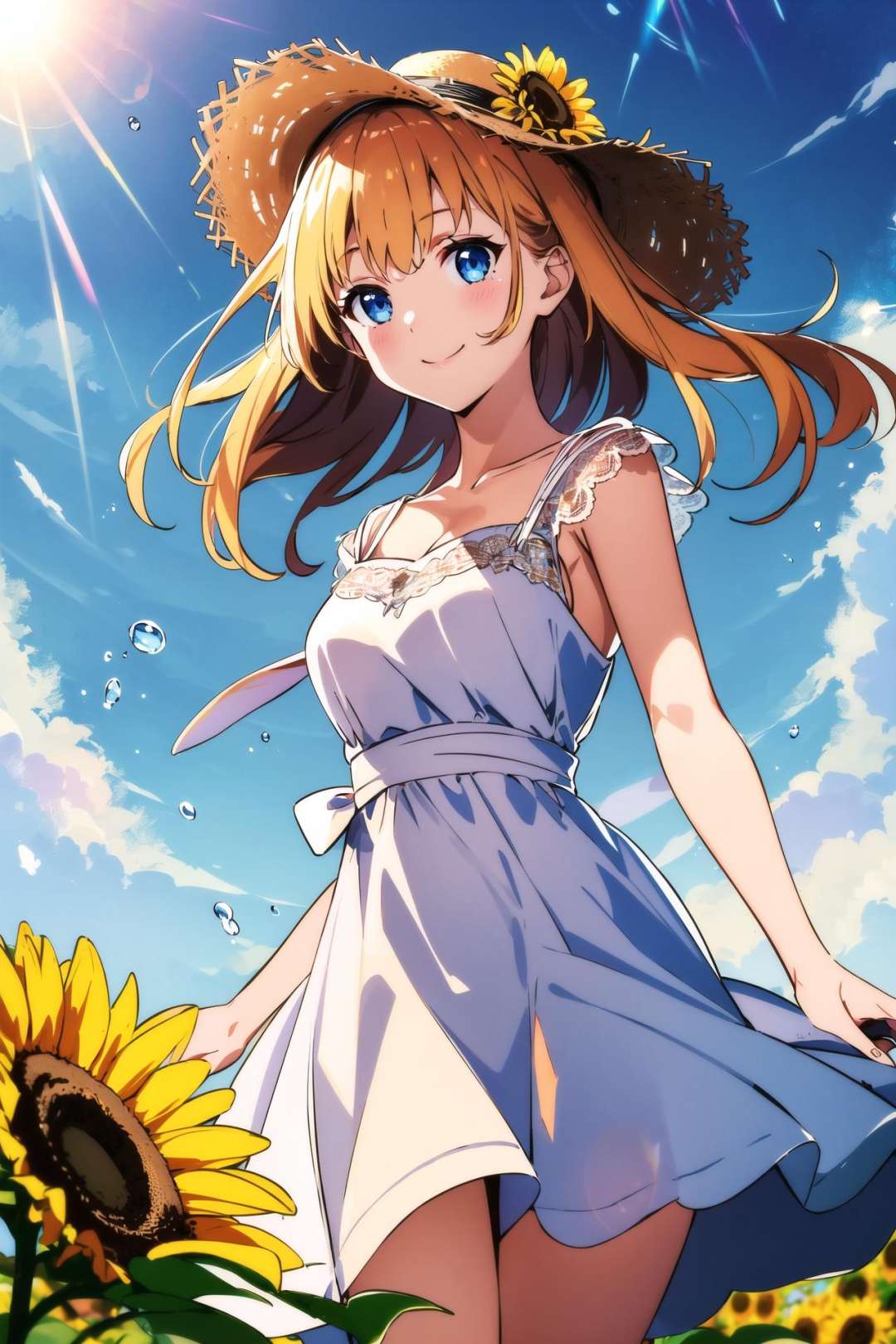 (from below dutch angle:1.2),sunflower field scenery,blue sky,rainbow,water drop,cutie girl wearing simple white dress,straw hat on head,floating hair,wind,smile,(depth of field:1.3),(lens flare:1.1),