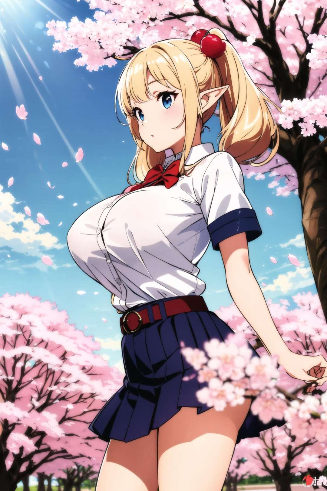 (masterpiece:1.2), best quality, spring \(season\) illustration, beautiful detailed elf girl face,(cherryblossom patels:1.2), atmospheric perspective, pose on circle bass, straight-on,huge cherryblossom park, tree of (cherryblossom:1.3),looking at another, pointng at away,large breasts, school uniform,pointy ears, deformed, aged down, platinum blonde hair, twintails, elf, Snow White, tone shading, glowing sunlight