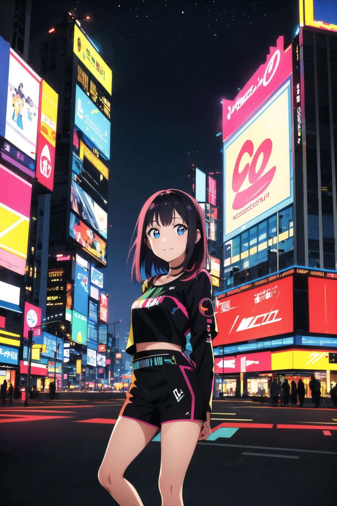 masterpiece, best quality, 1girl, solo, night, colorful, cityscape, cyberpunk, light smile, city pop, vector illustration