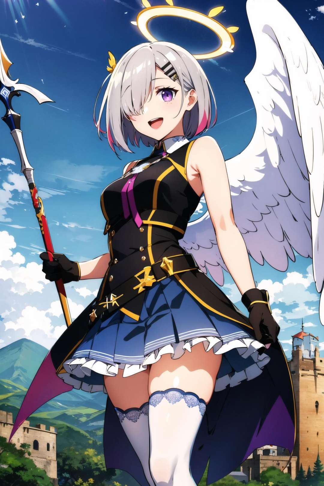 amane kanata, 1girl, angel wings, star halo, solo, angel, feathered wings, wings, virtual youtuber, polearm, gloves, thighhighs, blue thighhighs, multicolored hair, weapon, halo, holding, smile, blue hair, purple eyes, castle, white wings, holding polearm, skirt, feathers, blue skirt, streaked hair, short hair, holding weapon, spear, grey hair, open mouth, bangs, colored inner hair, black gloves, looking at viewer, :d, hair ornament, frills, pink hair, outdoors, pleated skirt, sky, hair over one eye, cloud, single hair intake, shirt, day, tower, frilled skirt, (masterpiece,best quality)