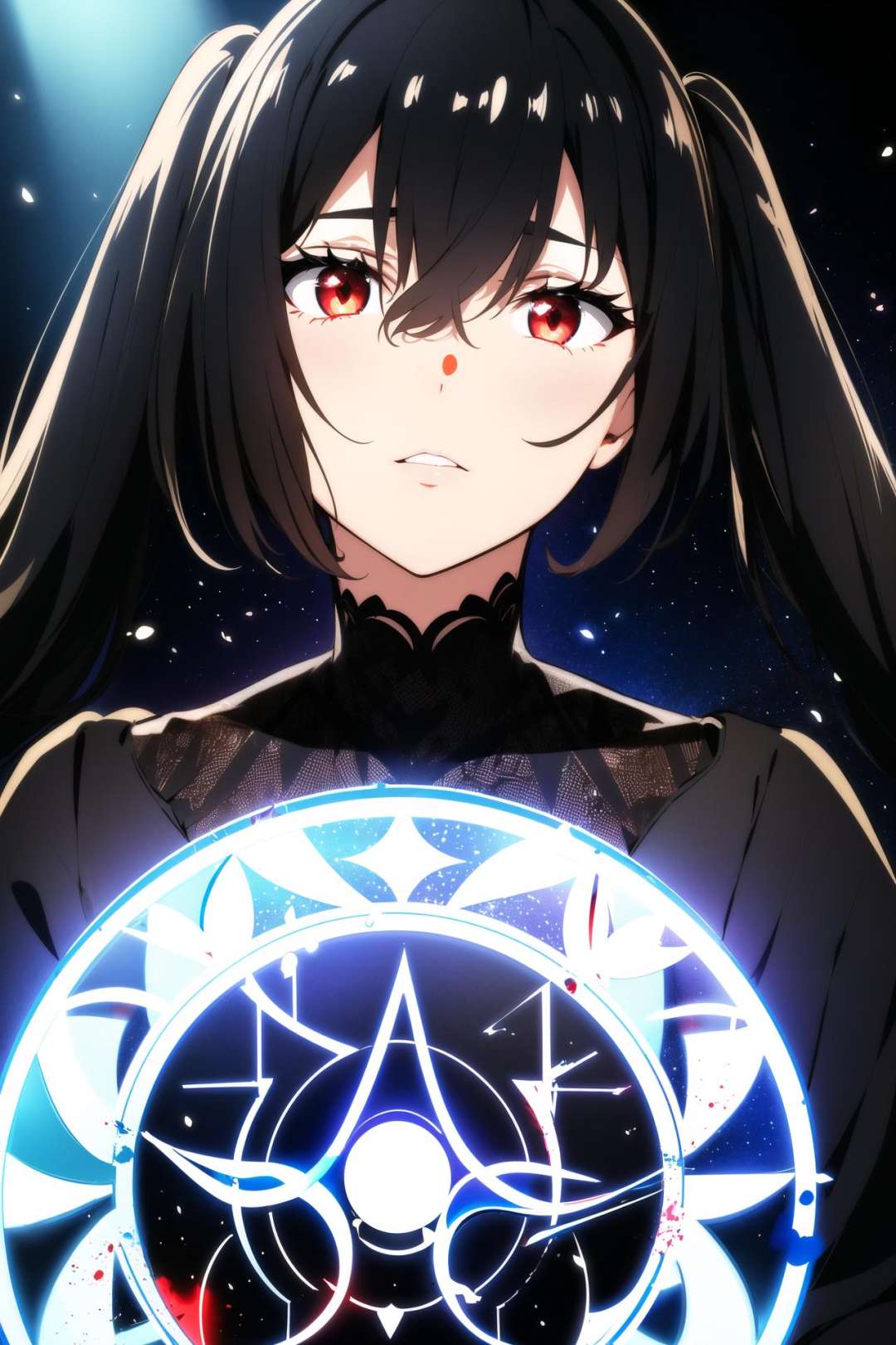 (masterpiece, best quality, ultra-detailed, best shadow), (detailed background,dark fantasy), (beautiful detailed face), high contrast, (best illumination, an extremely delicate and beautiful), ((cinematic light)), colorful, hyper detail, dramatic light, intricate details, (1 girl, solo,black hair, sharp face,low twintails,red eyes, hair between eyes,dynamic angle), blood splatter, swirling black light around the character, depth of field,black light particles,(broken glass),magic circle,