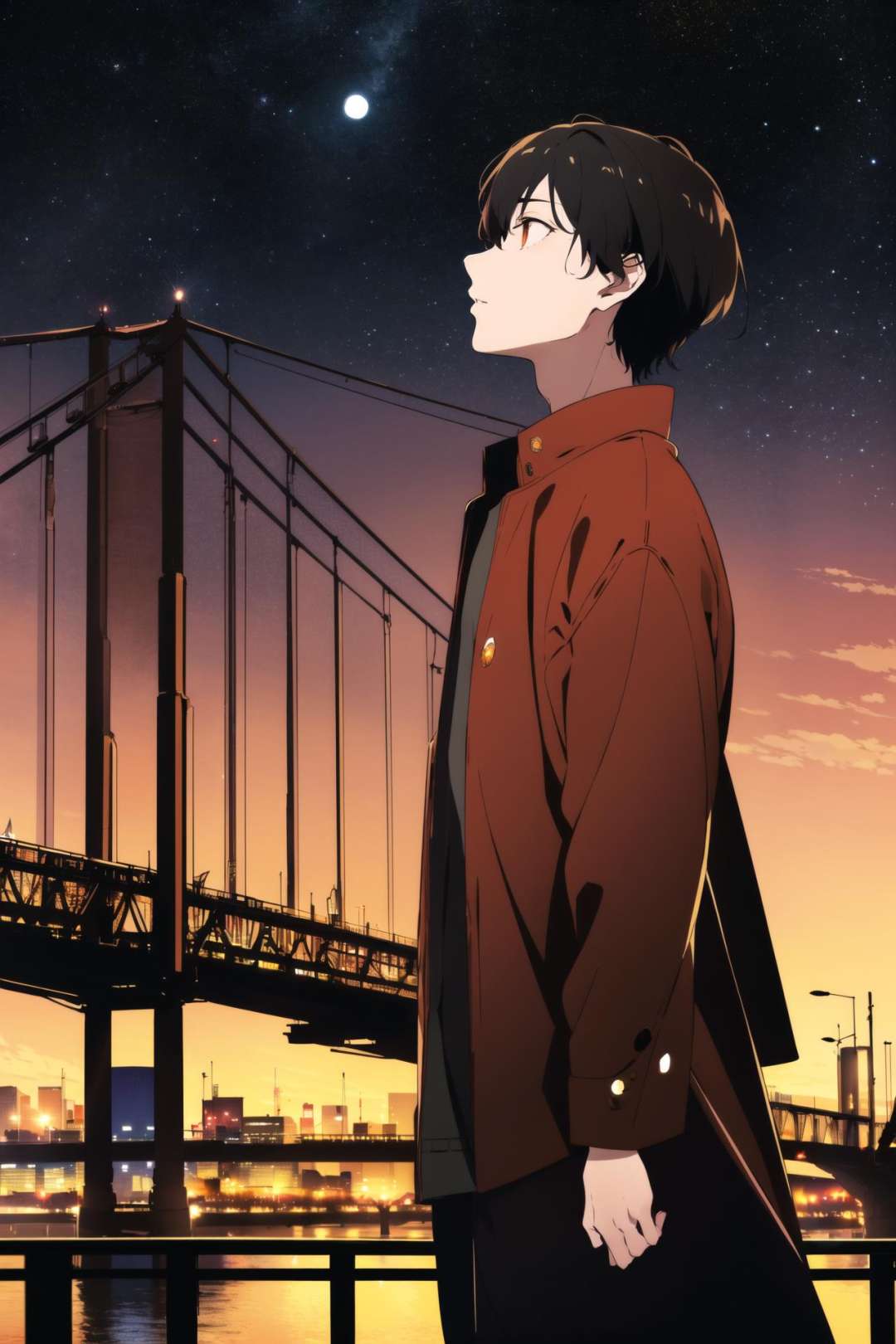 masterpiece, best quality, 1boy, flat color, limited palette, low contrast, (ligne claire), long straight black hair, looking away, standing. smoke, night sky, city, sunset, sky scrapers, bridge, depth of field, black, red, orange, brown, autumn, haze