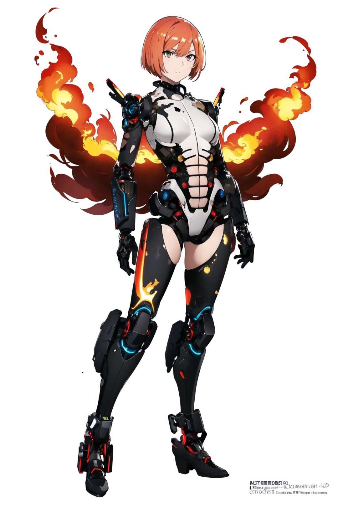 [(white background:1.5),::5] hexagon, mid shot, (full body:1.4), fiery background, despairing expression, (ruined city:1.4), fire, ((Female wearing cybernetic exoskeleton)), sky, stand on street, day, (strong pose:1.4),