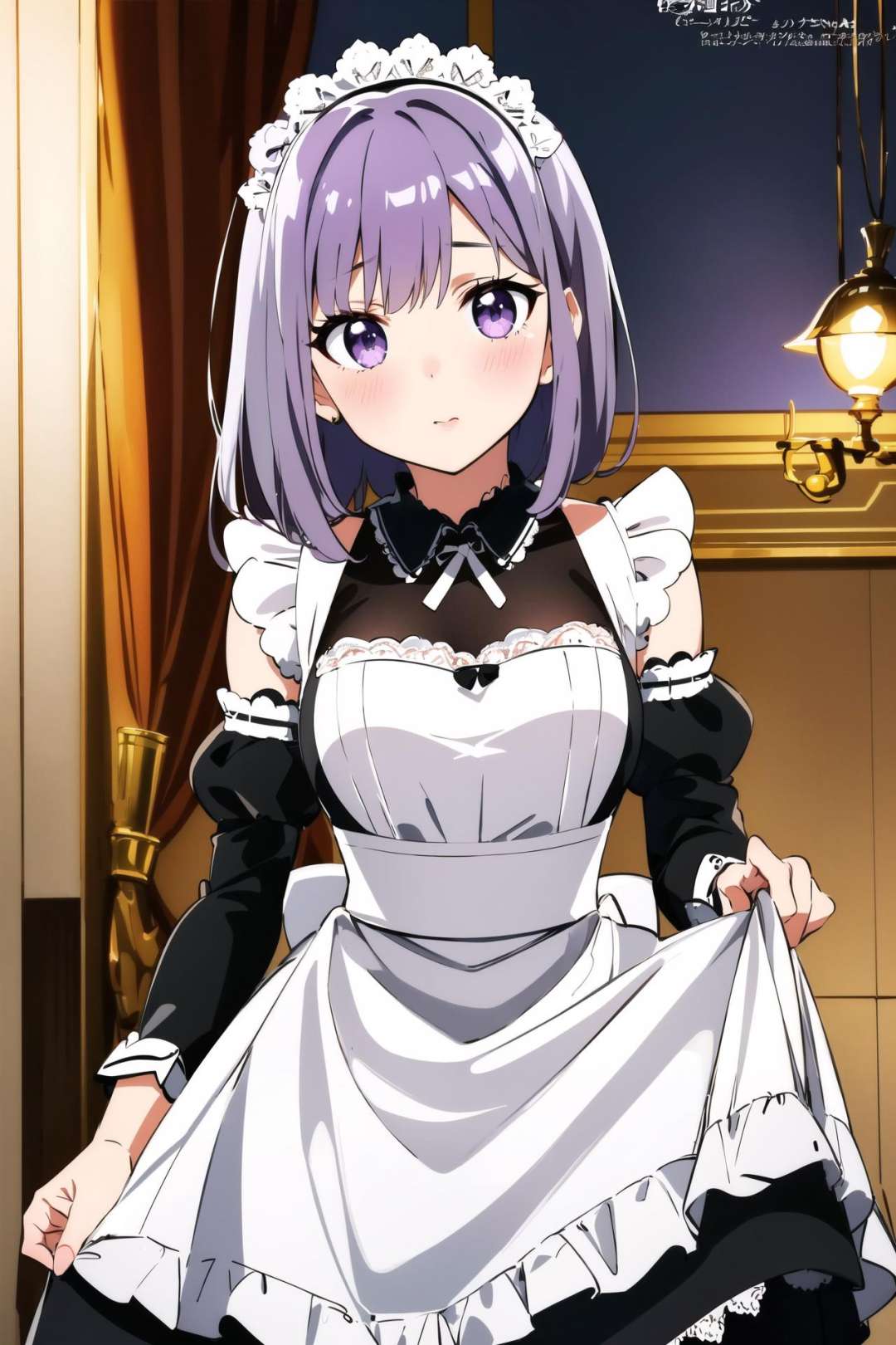 (best quality:1.4), highres, masterpiece, 1girl, (light purple hair:1.1), purple eyes, medium breasts, hair ornament, (black|white maid dress:1.2), detached sleeves, black pantyhose, blush, house, detailed face