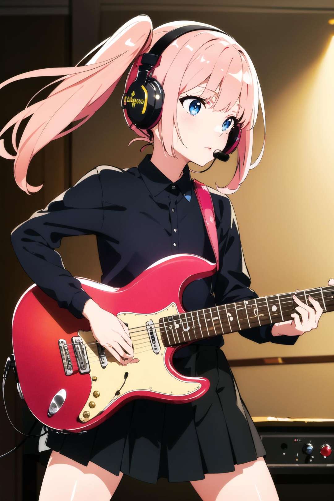 ((masterpiece,best quality))1girl, solo, black skirt, blue eyes, electric guitar, guitar, headphones, holding, holding plectrum, instrument, long hair, , music, one side up, pink hair, playing guiter, pleated skirt, black shirt, indoors