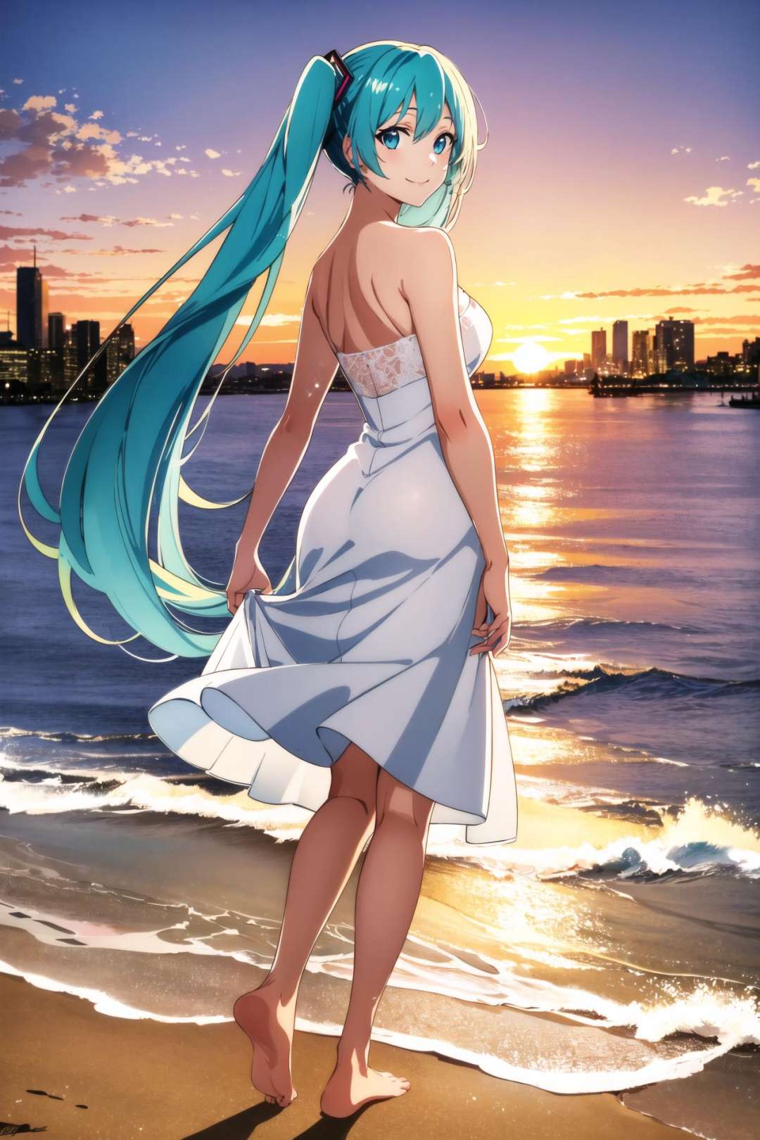 masterpiece, best quality, 1girl, best quality, ultra high res, 1girl, hatsune miku, full body, scenery, smile, ocean, sunset, city, barefoot, footprints, sand, white dress, from back, looking at viewer, looking back, silhouette, wading, standing on liquid