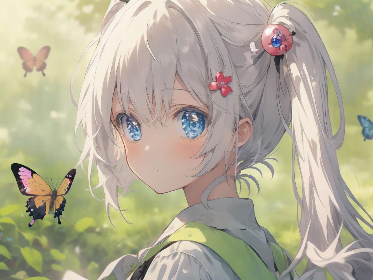 1girl, twintails, bangs, bird, butterfly, blue eyes, blurry, blurry background, blurry foreground, bug, hair ornament