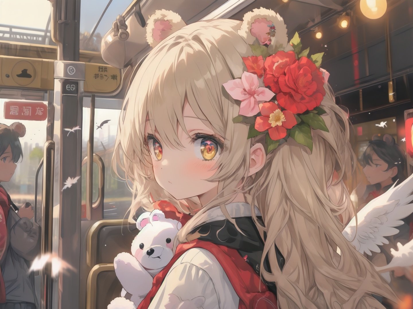 1girl, bare shoulders, golden long hair, shamed, red detailed eyes, flower hair ornament, bear doll, train, station, birds, blurry background,