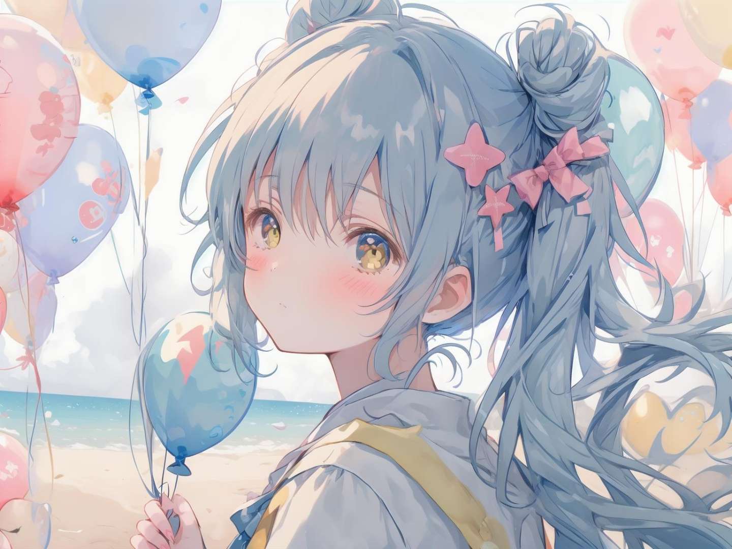 1girl, long hair,twintails, double bun, ball, balloon, bangs, beachball, blue hair, blush, bow, brown eyes,