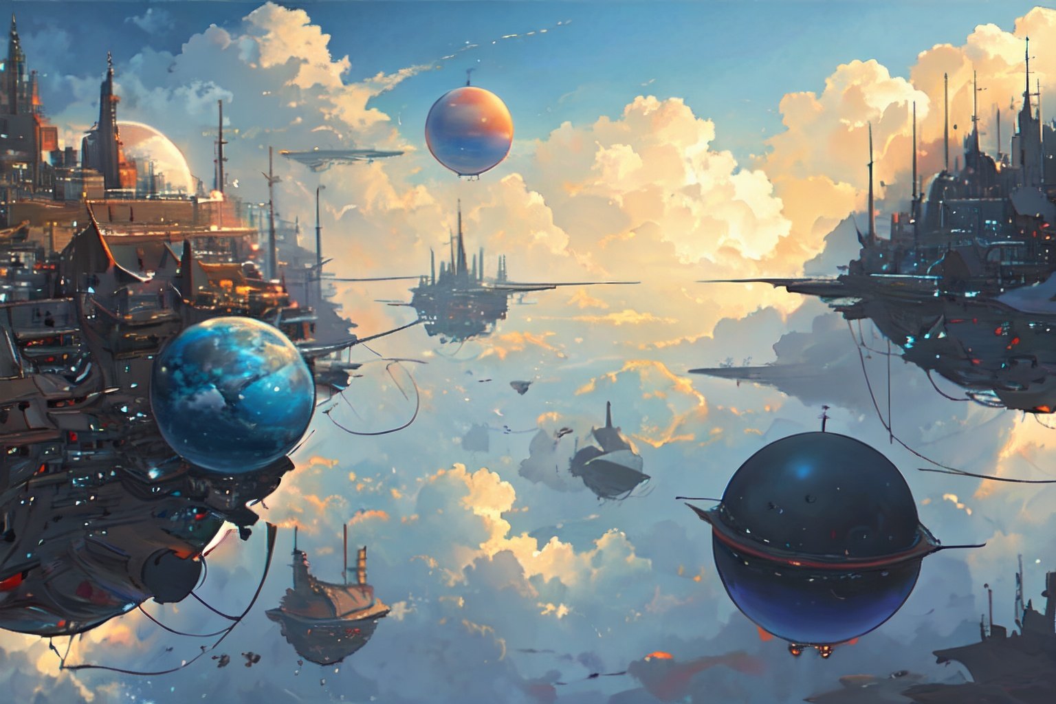 sky,Giant spherical city floating on air,cloud,(((masterpiece,best quality))),ultra high res,nan,scenery,floating