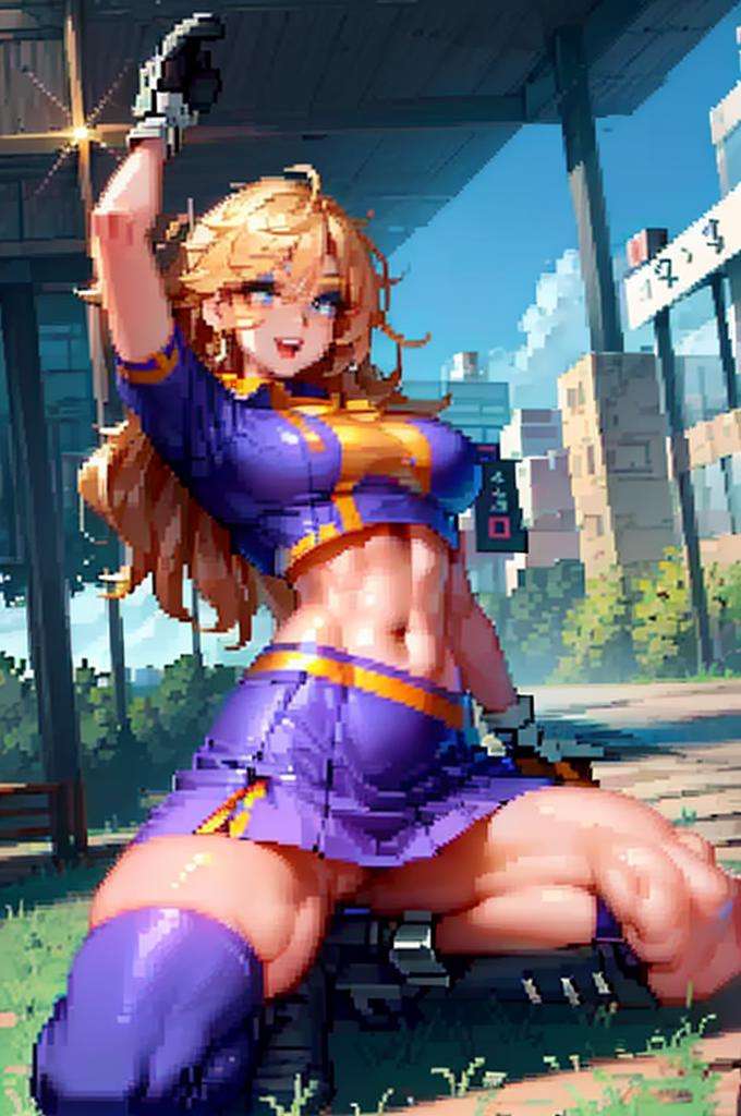 1girl cheerleader, (PixelArt:1), (blue eyes, skirt, uniform,,makeup, blonde, gloves), curvy, looking at viewer, smile, :D, from below, cute pose, (detailed landscape, school, grass, clouds:1.2), (background:1), (dynamic_angle:1.2), (dynamic_pose:1.2), (rule of third_composition:1.3), (dynamic_perspective:1.2), (dynamic_Line_of_action:1.2), solo, wide shot,(masterpiece:1.2), (best quality, highest quality), (ultra detailed), (8k, 4k, intricate),(full-body-shot:1), (Cowboy-shot:1.2), (50mm), (highly detailed:1.2),(detailed face:1.2), detailed_eyes,(gradients),(ambient light:1.3),(cinematic composition:1.3),(HDR:1),Accent Lighting,extremely detailed,original, highres,(perfect_anatomy:1.2), <lora:CspPixelArt_Style-20:1>