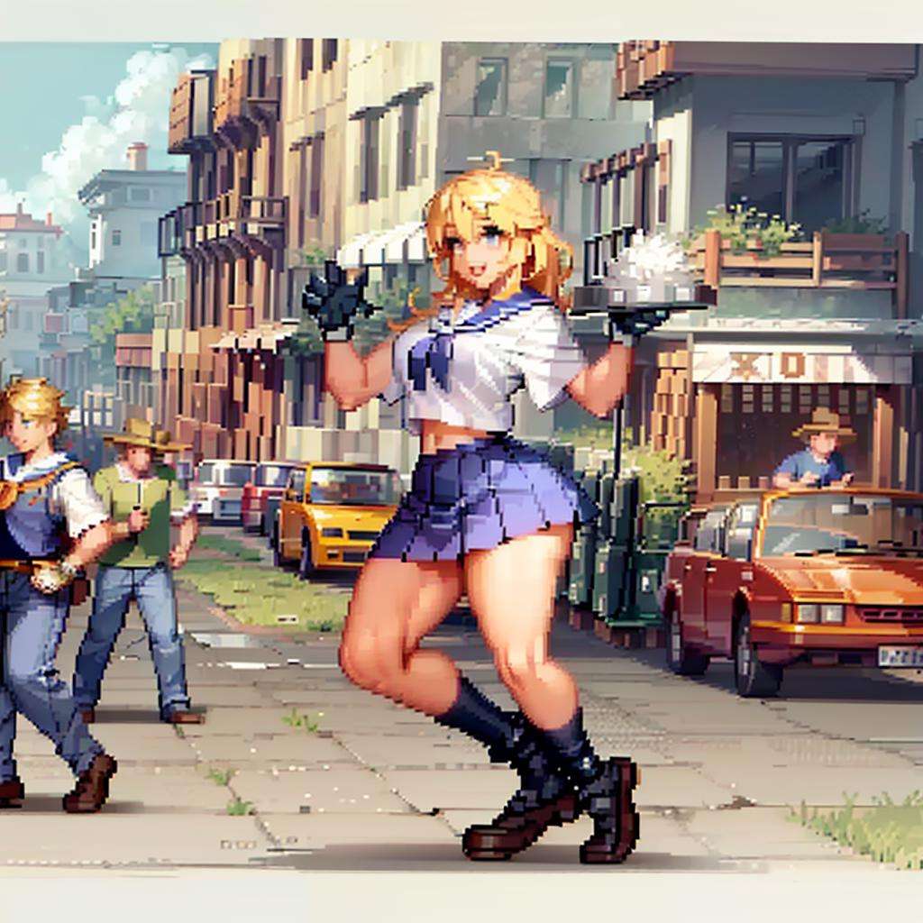 1girl cheerleader jumping happy, (PixelArt:1), (blue eyes, skirt, uniform,,makeup, blonde, gloves), curvy, looking at viewer, smile, :D, jumping, cute pose, (detailed landscape, school, grass, clouds:1.2), (background:1), (dynamic_angle:1.2), (dynamic_pose:1.2), (rule of third_composition:1.3), (dynamic_perspective:1.2), (dynamic_Line_of_action:1.2), solo, wide shot,(masterpiece:1.2), (best quality, highest quality), (ultra detailed), (8k, 4k, intricate),(full-body-shot:1), (Cowboy-shot:1.2), (50mm), (highly detailed:1.2),(detailed face:1.2), detailed_eyes,(gradients),(ambient light:1.3),(cinematic composition:1.3),(HDR:1),Accent Lighting,extremely detailed,original, highres,(perfect_anatomy:1.2), <lora:CspPixelArt_Style-20:1>