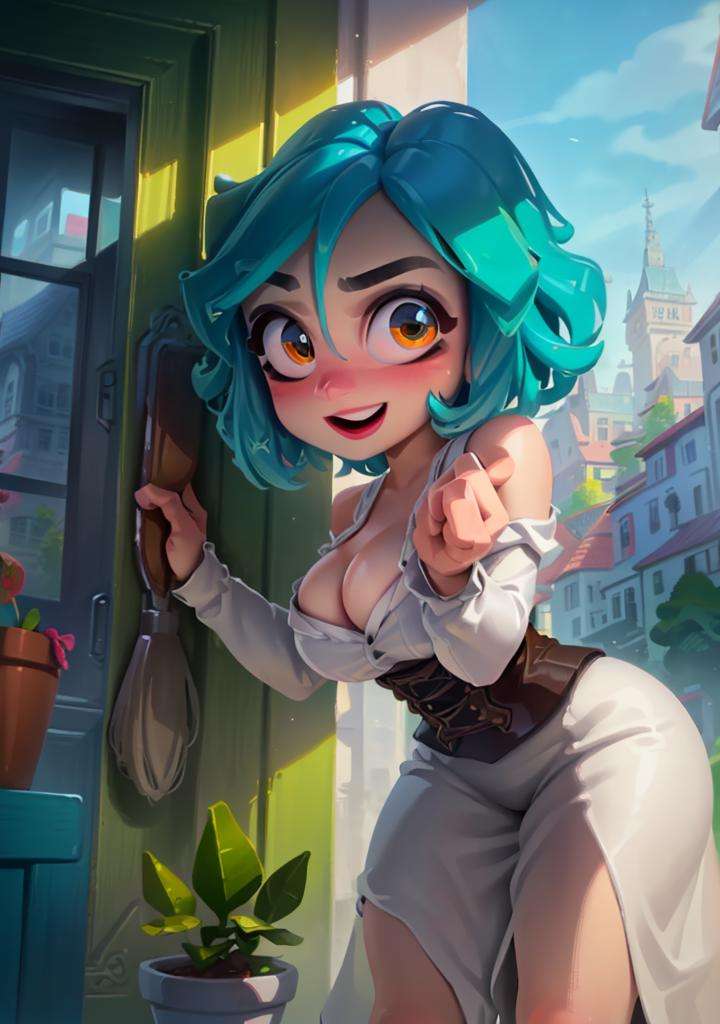 1girl, cute, (blue hair, short hair, brown eyes:1), (corset, white dress:1.2), looking at viewer, curvy, smile, :D, from below, (cute pose:1.2), curvy, sexy, modeling, leaning forward, breast focus, sitting, church, cleaning brush, (detailed ladscape, tower, vegetation, plants, window:1.2), (background:1.2), (dynamic_angle:1.2), (dynamic_pose:1.2), (rule of third_composition:1.3), (dynamic_perspective:1.2), (dynamic_Line_of_action:1.2), solo, wide shot,(masterpiece:1.2), (best quality, highest quality), (ultra detailed), (8k, 4k, intricate),(full-body-shot:1), (Cowboy-shot:1.2), (50mm), (highly detailed:1.2),(detailed face:1.2), detailed_eyes,(gradients),(ambient light:1.3),(cinematic composition:1.3),(HDR:1),Accent Lighting,extremely detailed CG unity 8k wallpaper,original, highres,(perfect_anatomy:1.2), <lora:Tomaco_style-15:1>