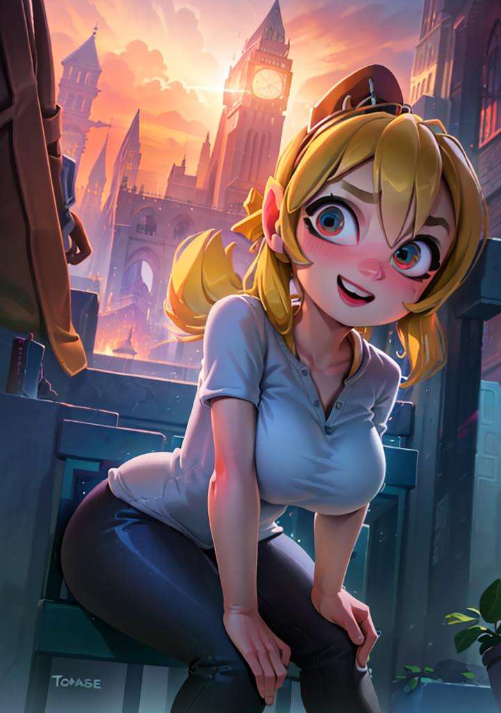 (tomoe_mami),1girl, cute,  looking at viewer, curvy, smile, :D, from below, (cute pose:1.2), curvy, sexy, modeling, leaning forward, breast focus, sitting, church, (detailed ladscape, tower, vegetation, plants, window:1.2), (background:1.2), (dynamic_angle:1.2), (dynamic_pose:1.2), (rule of third_composition:1.3), (dynamic_perspective:1.2), (dynamic_Line_of_action:1.2), solo, wide shot,(masterpiece:1.2), (best quality, highest quality), (ultra detailed), (8k, 4k, intricate),(full-body-shot:1), (Cowboy-shot:1.2), (50mm), (highly detailed:1.2),(detailed face:1.2), detailed_eyes,(gradients),(ambient light:1.3),(cinematic composition:1.3),(HDR:1),Accent Lighting,extremely detailed CG unity 8k wallpaper,original, highres,(perfect_anatomy:1.2), <lora:Tomaco_style-15:1> <lora:tomoeMami_delta:0.6> 