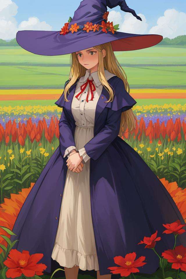 a woman standing in the middle of a flower field, witch hat,