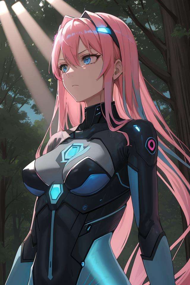 A semitransparent zerosui, Velvet bra, zerosuit, contrast, god rays, Blue eyes, pink hair, woods background, absolute intensity,