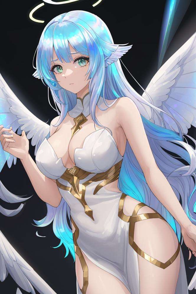 woman, wings, halo, iridescent holofoil, long hair, iridescent holofoil,