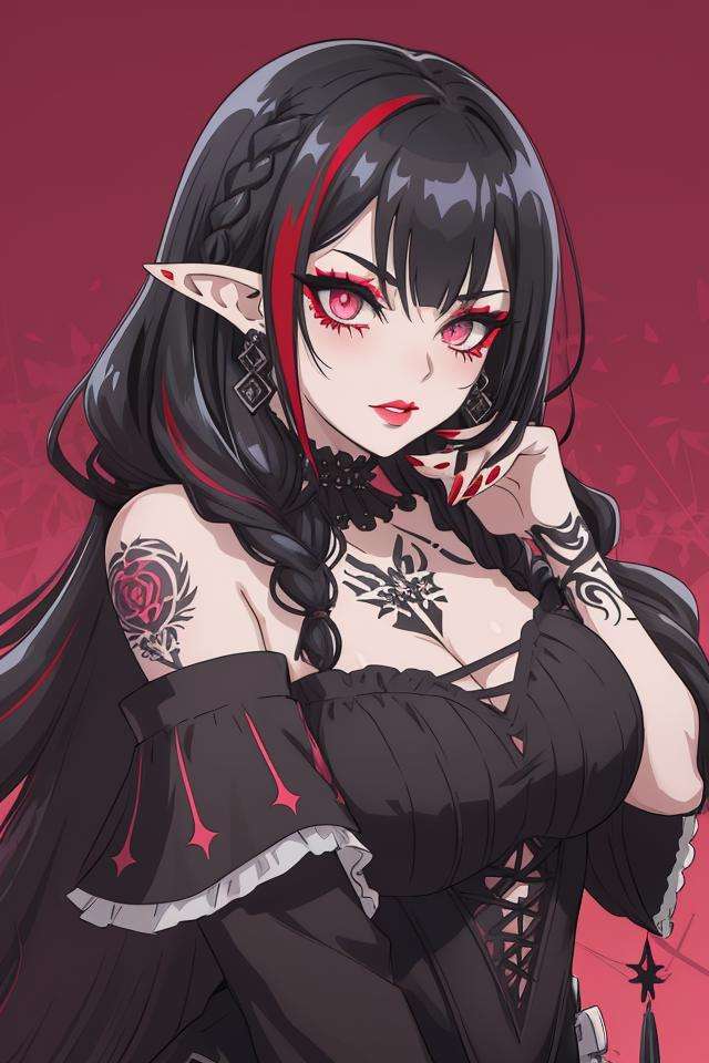 a [goth |barbarous |mysterious] [mature |young] gothic female with [curvy |thick |tone |curvy |thick |muscle] figure wearing [goth clothes | western clothes |intricate clothes |corset |loose sleeves] mix [dress |frill dress |indicate dress |belt |frill |cotton dress |short dress] and [lustful eye |creepy eyes |beautiful eye] red iris mix [lush lips | perky lips] and with white and black hair mix with light blue streaked hair, long hair [ hair over eye |braid | wavy hair] mix [messy hair |curly hair |messy hair] and [pointy ear |elf ears |long ears] and [star print |flower print] on clothes and wearing [make up |scaly | jewelry] , intricate tattoos, ((asymmetrical pose)), make up, blush, chromatic aberration, illustration,