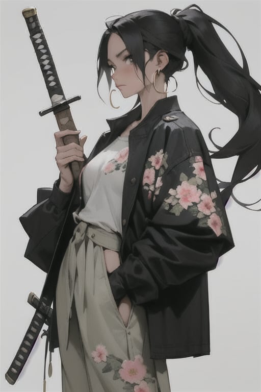 1girl, solo, looking at viewer, simple background, shirt, black hair, holding, jewelry, closed mouth, jacket, white shirt, weapon, cowboy shot, earrings, japanese clothes, pants, sword, holding weapon, holding sword, floral print, katana, black background, sheath, hand in pocket, sheathed, hoop earrings, scabbard, print shirt,stylemidjurney