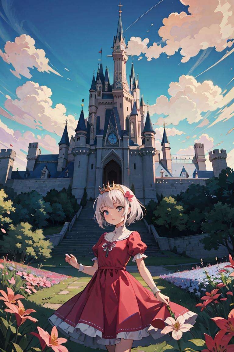 (masterpiece), best quality, high resolution, extremely detailed, detailed background, cinematic lighting, 1girl, princess pink dress, flowers, white messy hair, outdoor, clouds, fantasy, medieval, castle