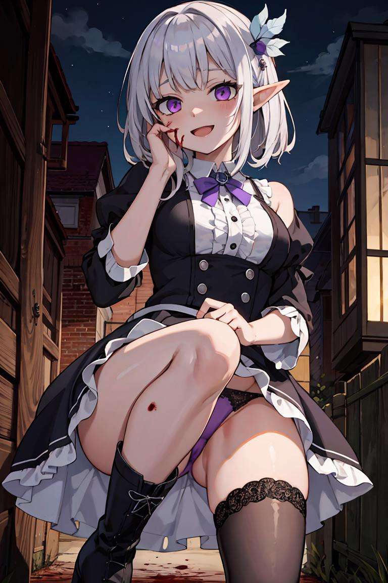 (masterpiece), best quality, high resolution, extremely detailed, detailed background, cinematic lighting, outdoor, 1girl, elf, medium hair, silver hair, crossed bangs, purple eyes, medium breasts, white shirt, black dress, drastic hair ornaments, skirt, frills, lace rims, frilled sleeves, frilled skirt, thighhigh, ankle boots, yandere, yandere face, shaded face, crazy eyes, glowing eyes, crazy smile, blood, blood on face, blood on clothes, hands on own cheeks, purple panties,